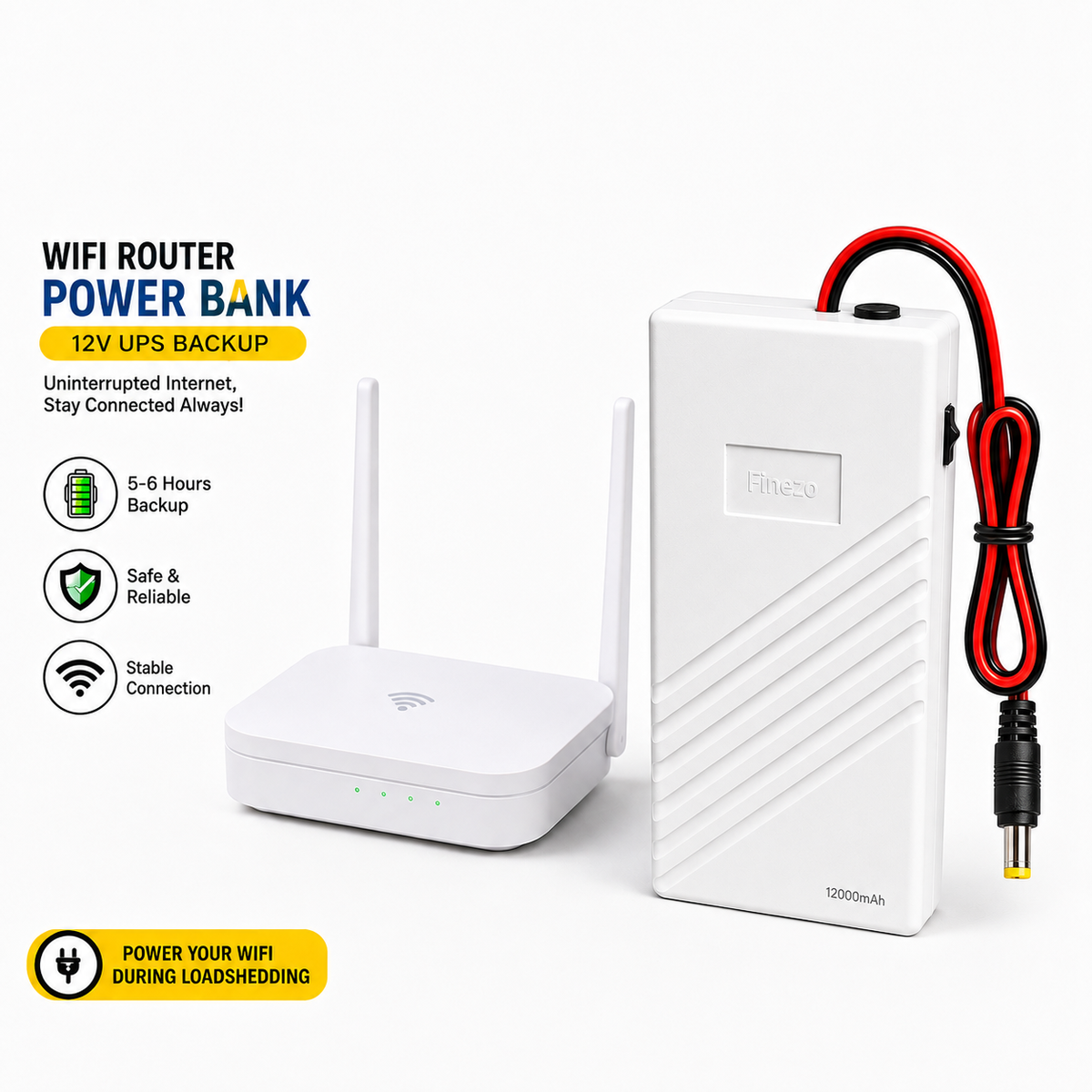 Finezo WiFi Power Bank 12000mAh – 1A, 1.5A & 2A Mini UPS for WiFi Devices – 5-6 Hours Backup – Portable Power Backup for WiFi During Load Shedding - 12 Volt